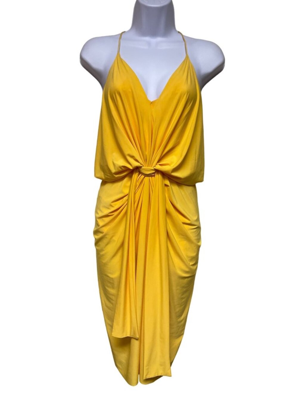 MISA Los Angeles Domino Dress Yellow Gold Draped Knot Midi XS NWT Made USA
